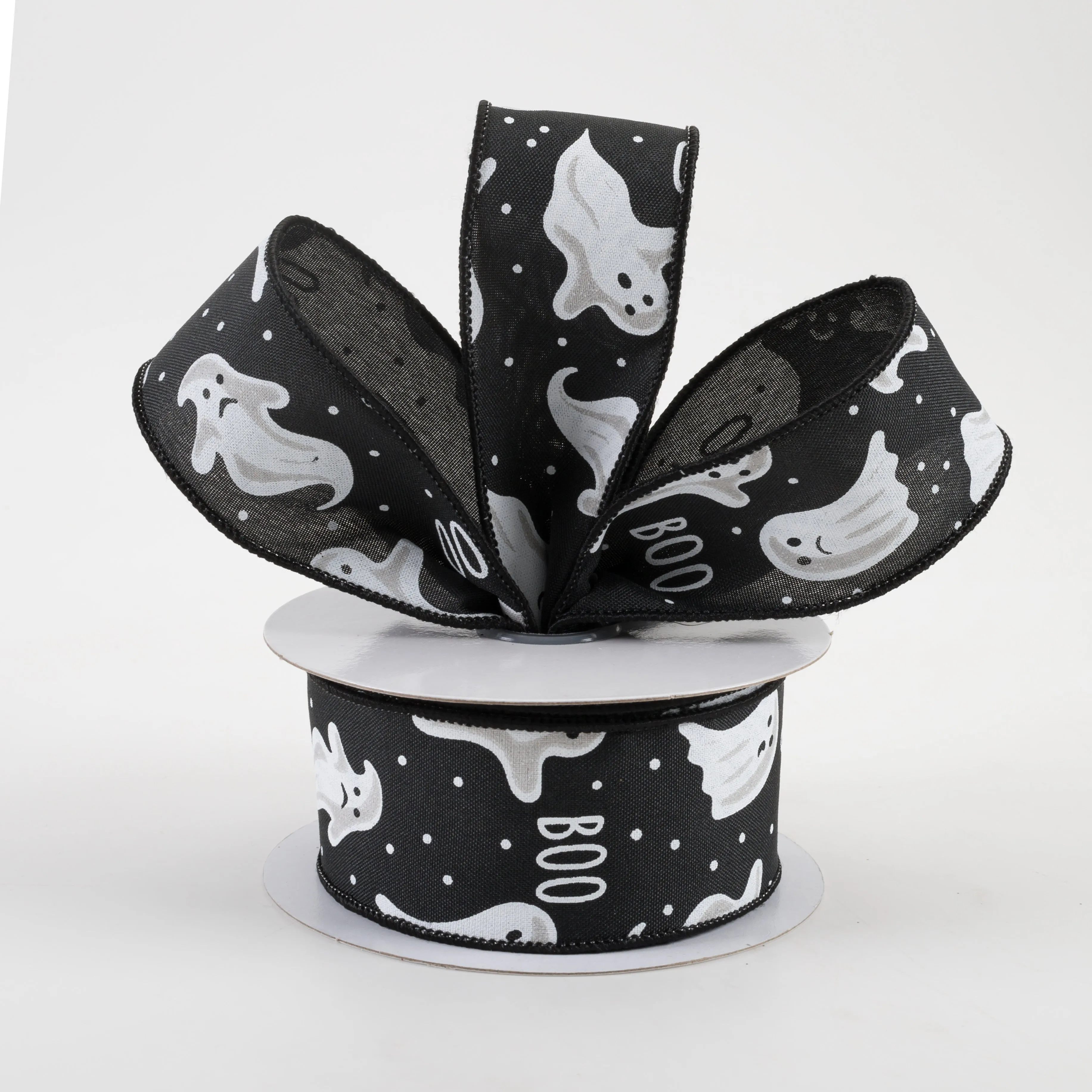 1.5" Boo Ghosts Ribbon: Black (10 Yards)