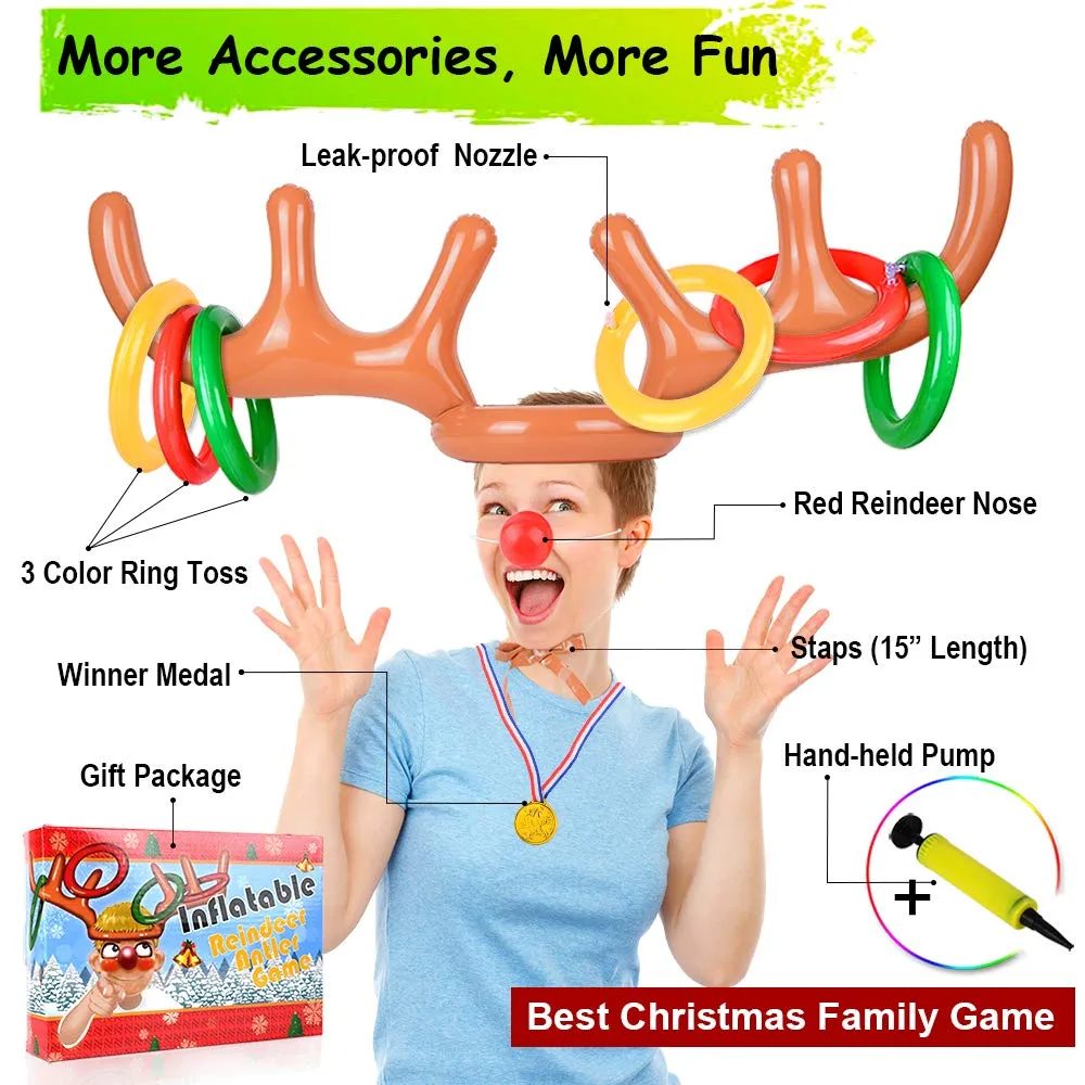 2 Set Inflatable Reindeer Antler Game (2 Reindeer Antler Hat with 12 Ring Toss, 2 Red Reindeer Nose, 1 Medal and 1 Hand-held Pump) Great Family Christmas Party Games