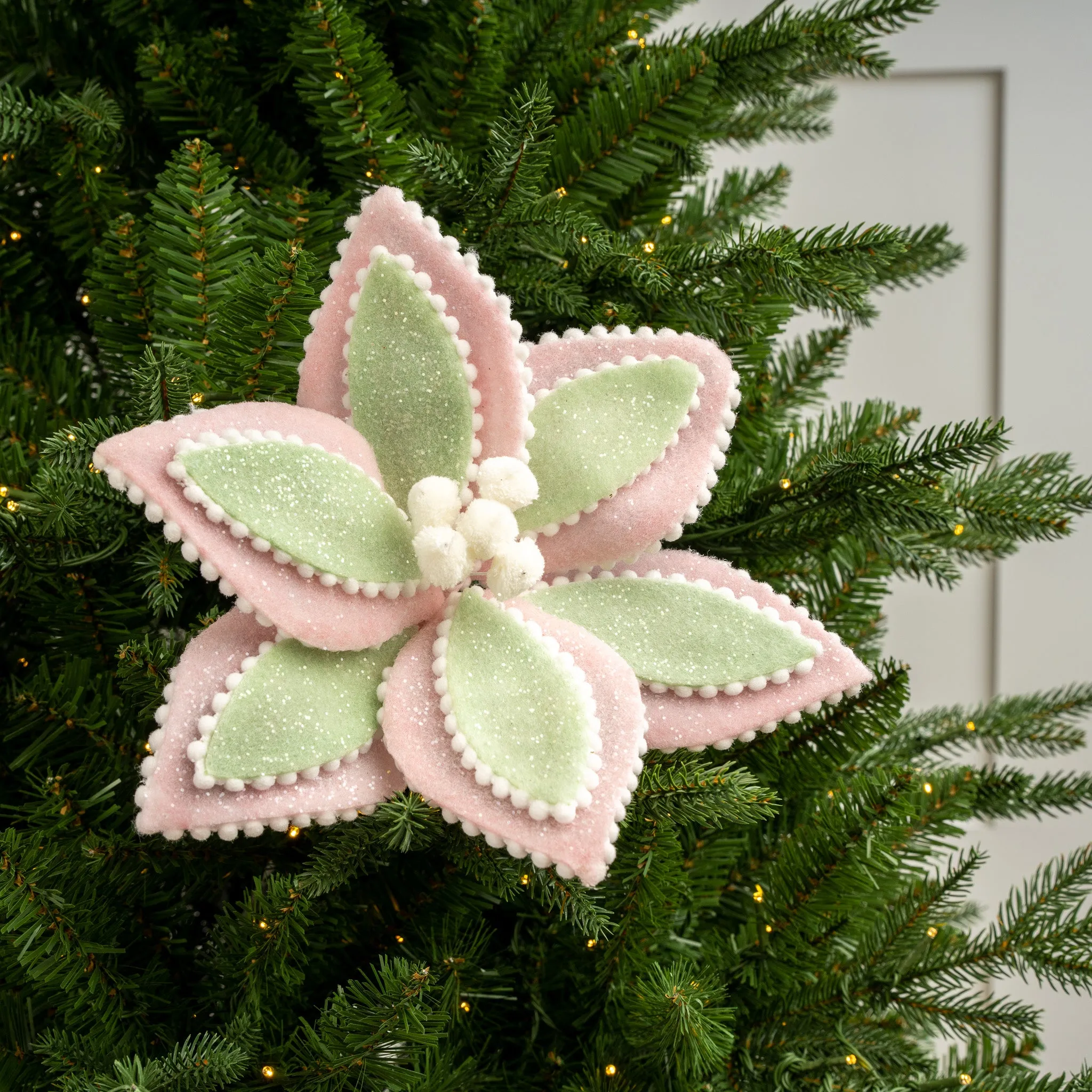 24" Pink & Green Frosted Layered Cake Poinsettia Stem Set Of 6