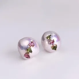 ANSWER B. by Bianca Chong- Pearl Trilogy Earrings (Green & Pink Tourmaline)