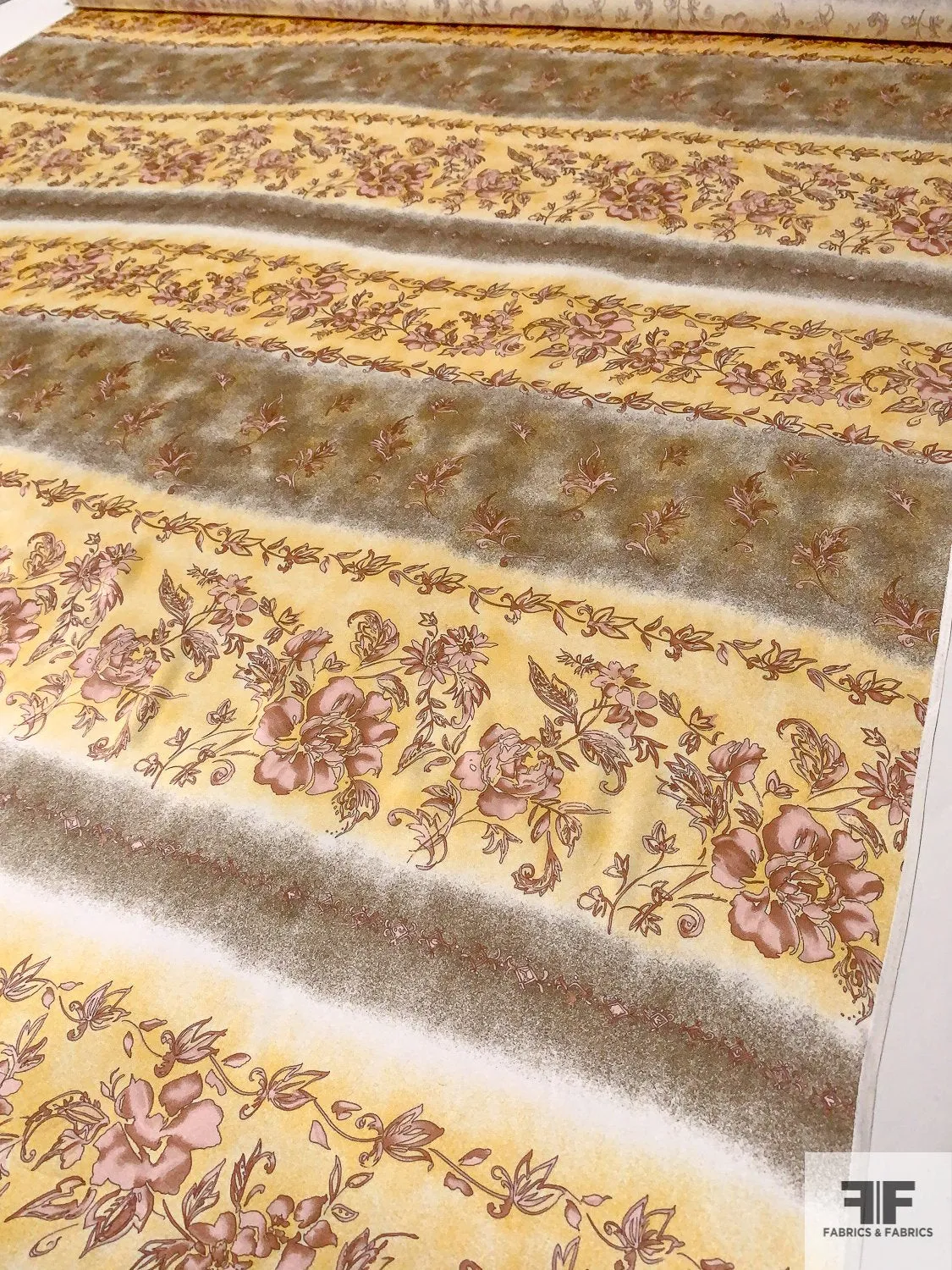 Antique Floral Linear Printed Silk Charmeuse - Yellow / Mauve / Brushed Gold