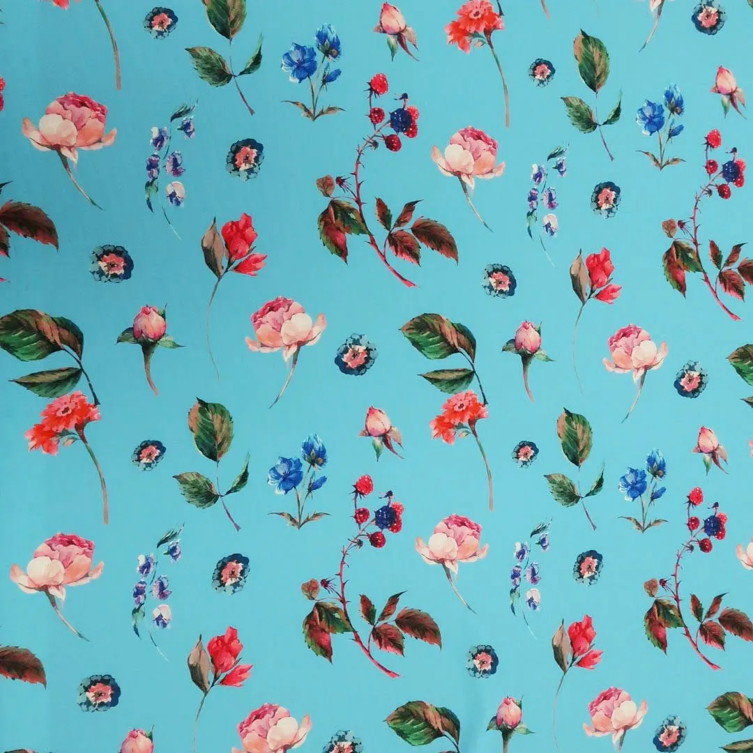 Aqua Background with Pink and Blue Floral Printed Fabric