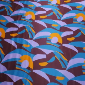 Aqua Orange and Burgundy Geometric on Purple Background Printed Silk Charmeuse Fabric