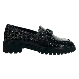 Ara Women's Kiana Chunky Sole Chain Loafer Black Croco Print Patent