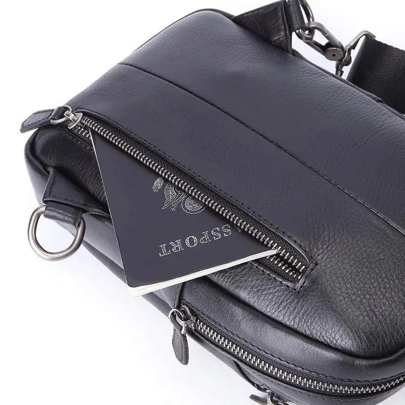 Badass Black Leather Men's 8-inch Trendy Sling Bag Chest Bag One shoulder Backpack Sports Bag For Men