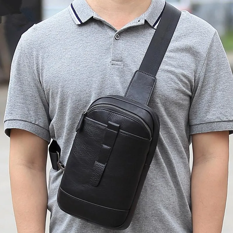 Badass Black Leather Men's 8-inch Trendy Sling Bag Chest Bag One shoulder Backpack Sports Bag For Men