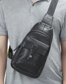 Black Mens Leather Sling Bag Chest Bag One shoulder Black Backpack Sports Bag For Men