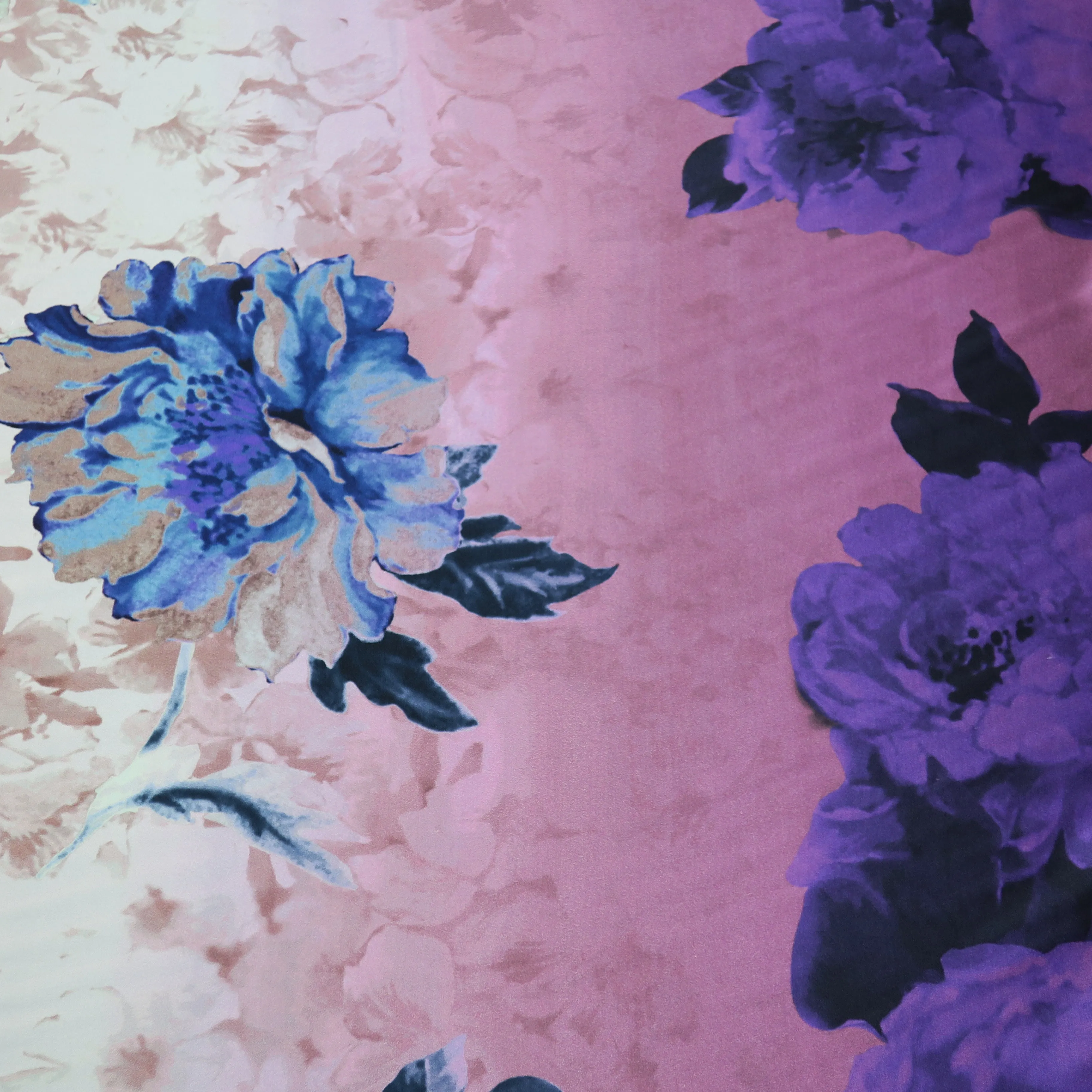 Blue and Blue Floral on Ombre Ground Silk Charmeuse