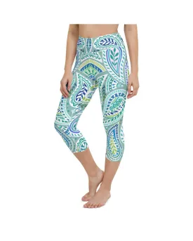 Blue and Green Paisley Yoga Capris