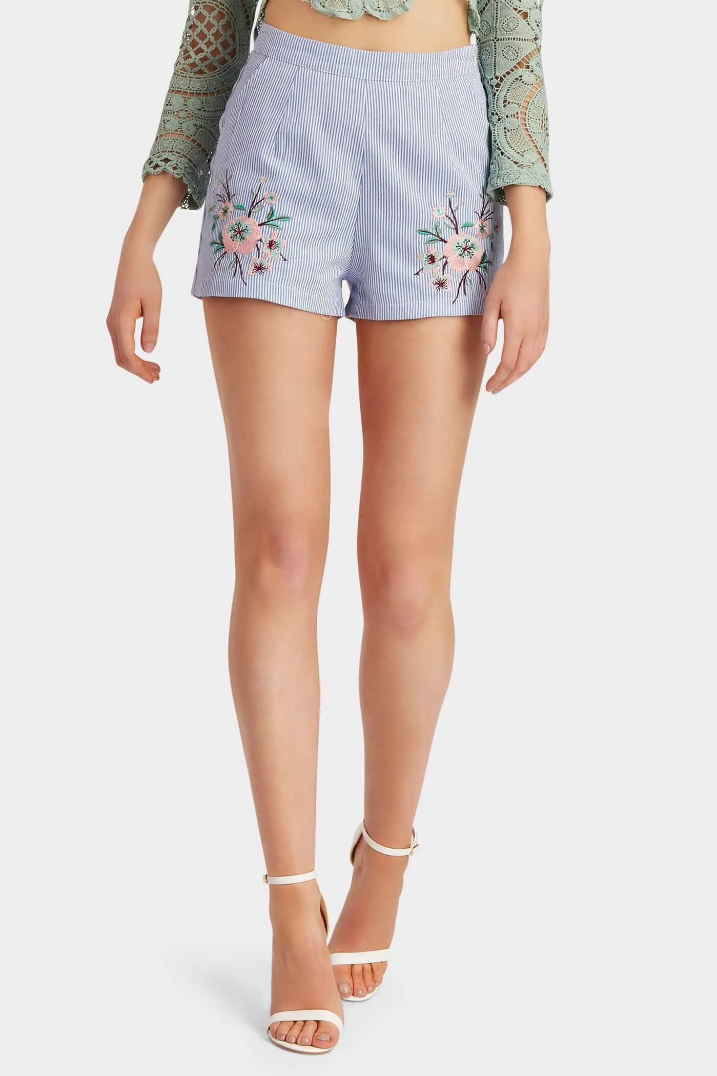 Blue/White Striped Embroidered Shorts