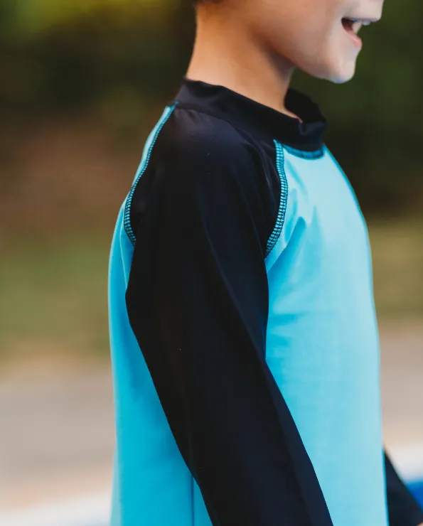 Boys UPF 50  Color Block Solid Long Sleeve Rashguard | Bright Light Blue with Navy