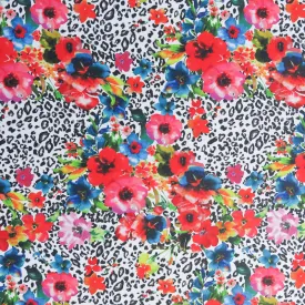 Bright Floral on Leopard Poly Spandex Swimsuit Fabric - 25" Remnant