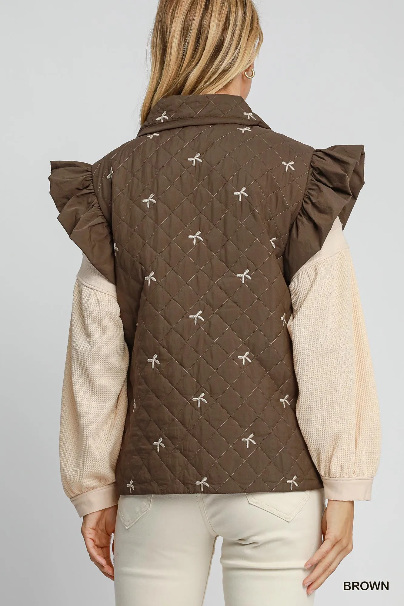 Brown w/ Khaki Ribbon Embroidery Quilted Vest Jacket