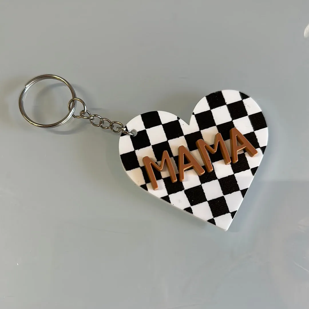 Checkered Heart Mama Keychain