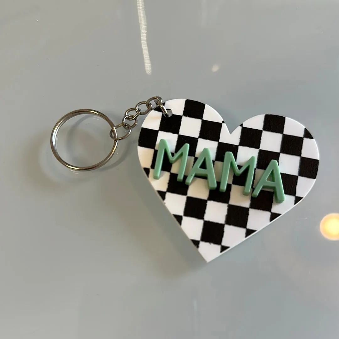 Checkered Heart Mama Keychain