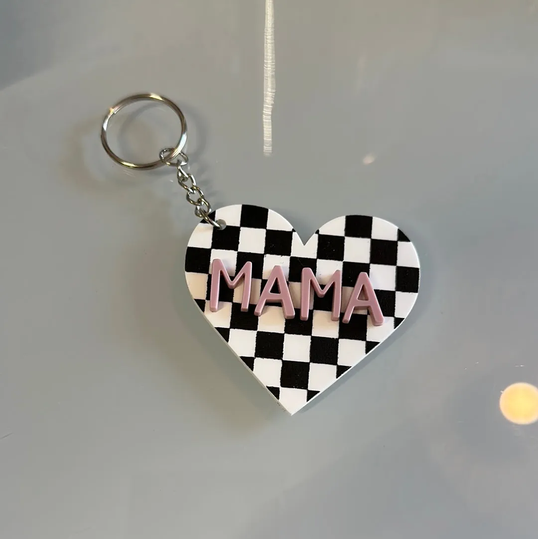 Checkered Heart Mama Keychain