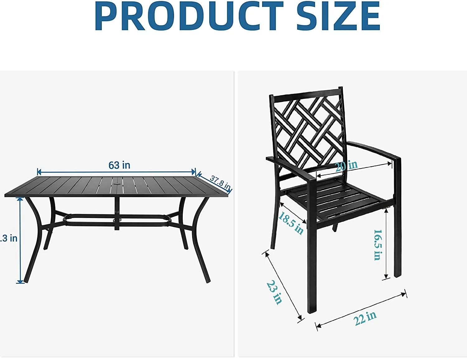 Copy of Bigroof 7 Piece Metal Outdoor Patio Dining Sets for 6, Stackable Chairs and 63" Classic Rectangle Table with Umbrella Hole