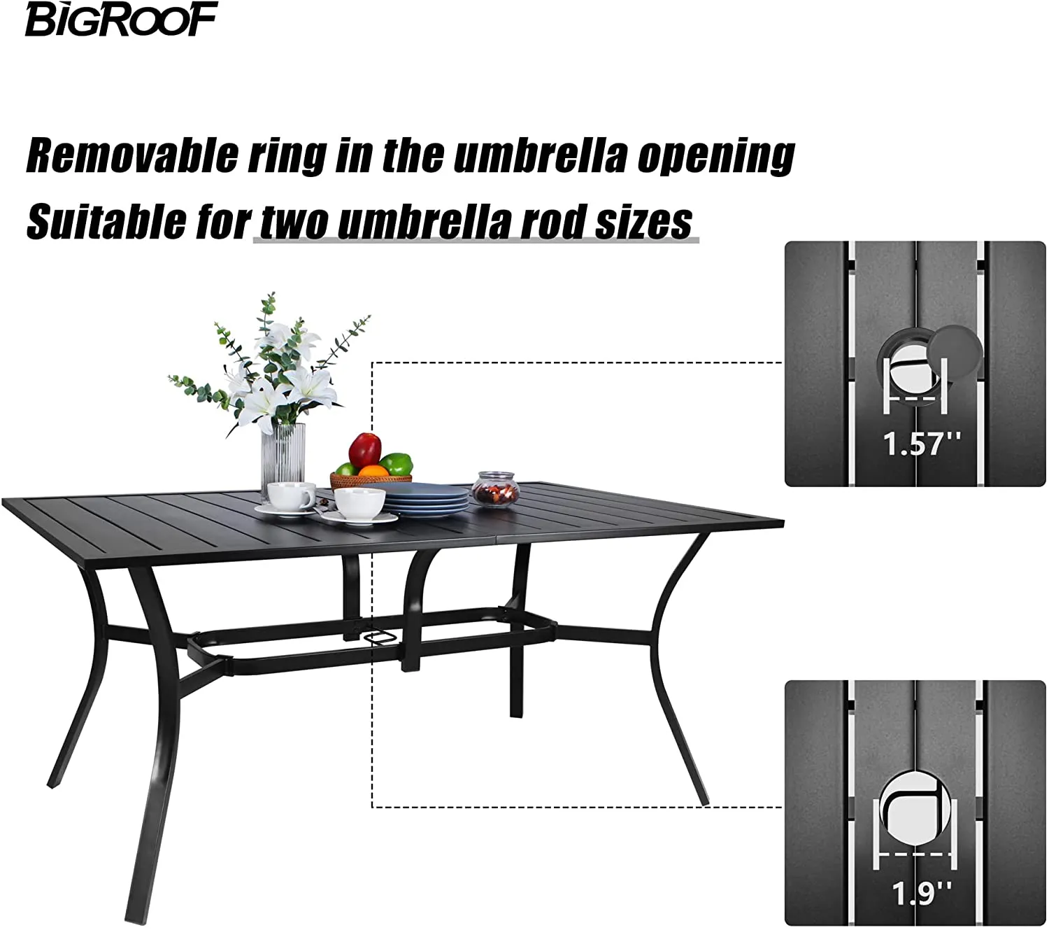 Copy of Bigroof 7 Piece Metal Outdoor Patio Dining Sets for 6, Stackable Chairs and 63" Classic Rectangle Table with Umbrella Hole