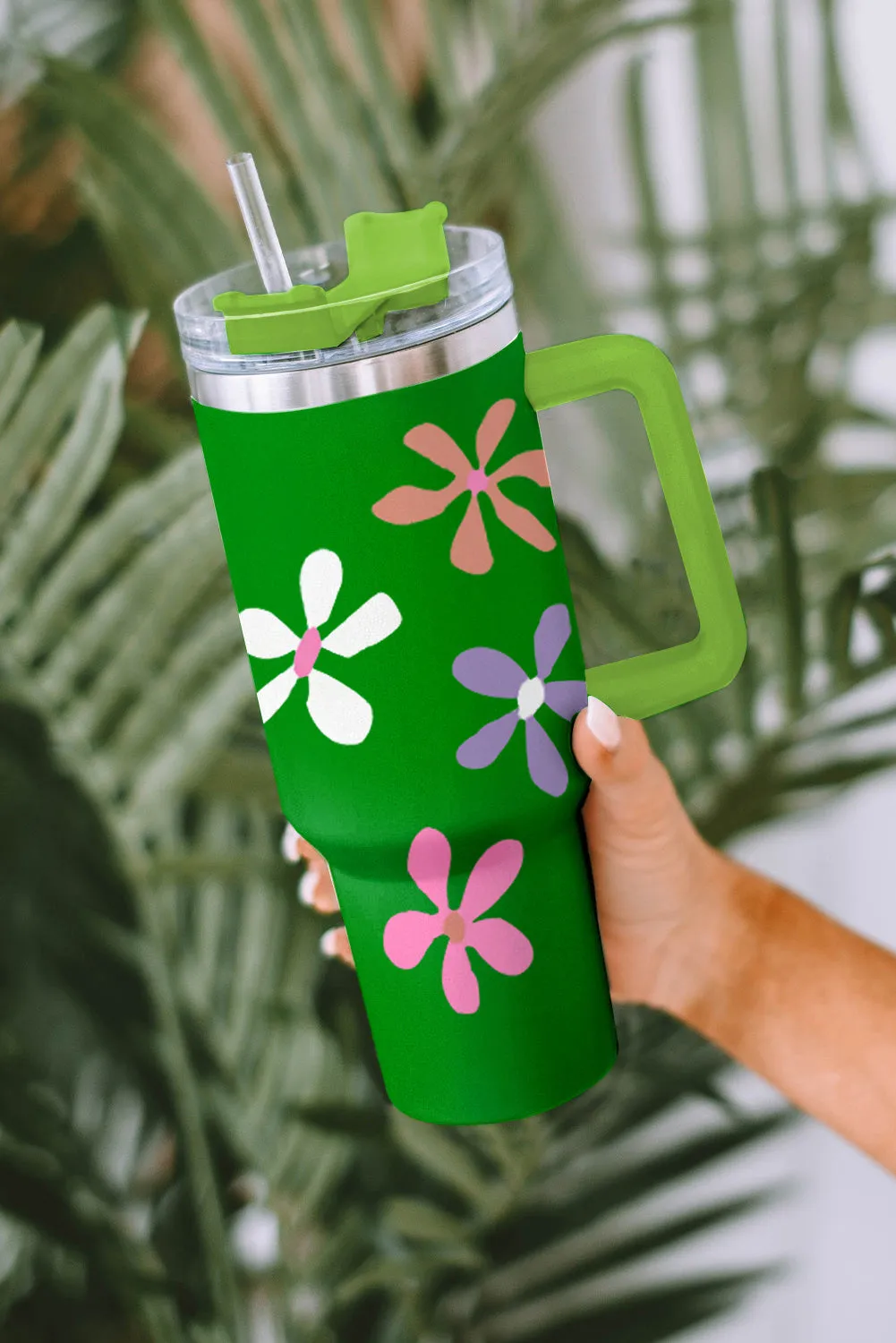 Dark Green 60s Floral Print Stainless Steel Tumbler with Handle 1200ml