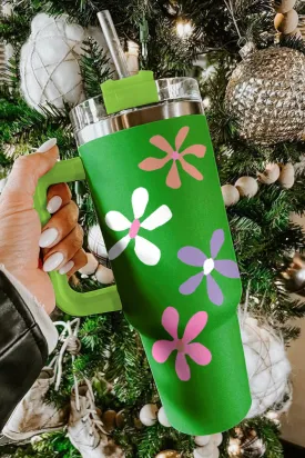 Dark Green 60s Floral Print Stainless Steel Tumbler with Handle 1200ml