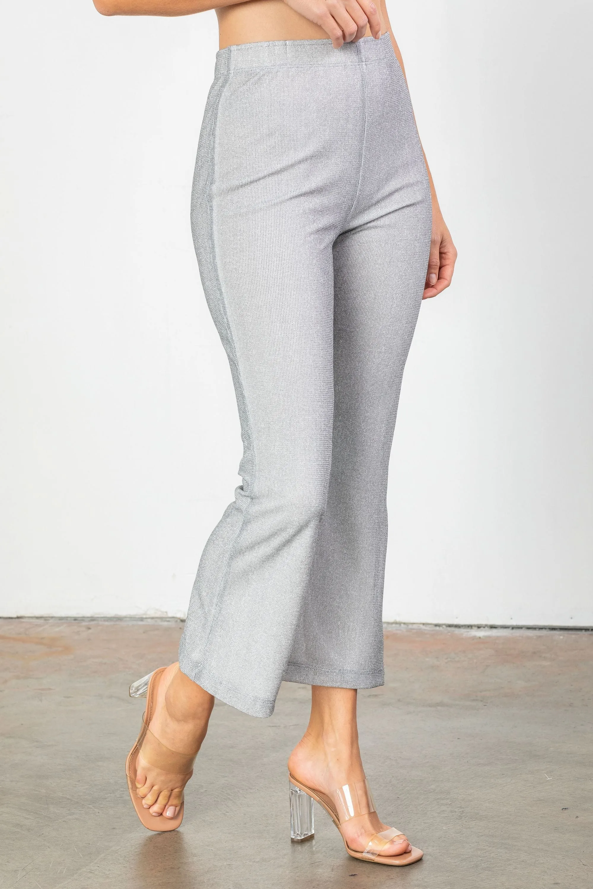 Gray Stretch Mesh Knit Flare Leg Pants