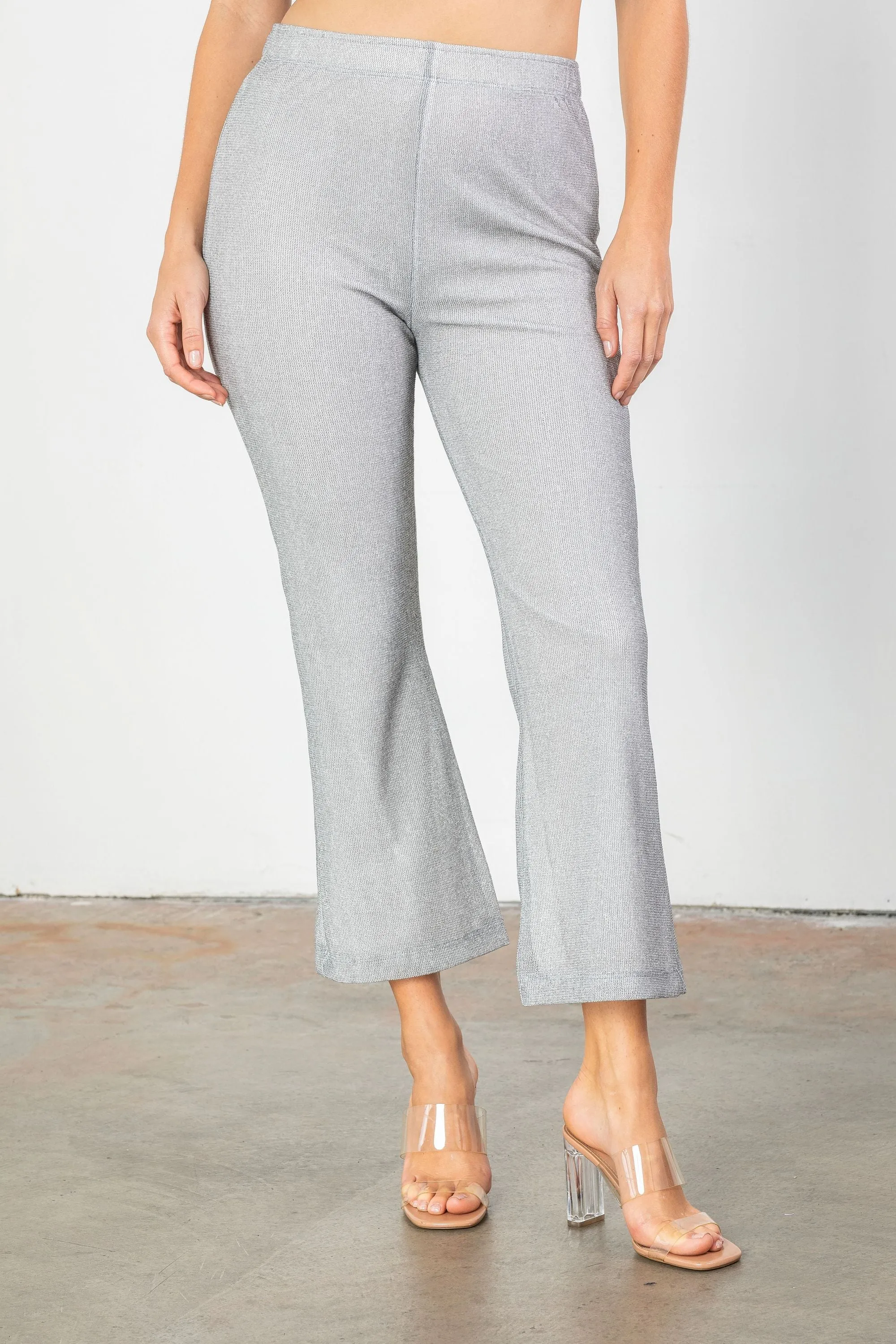 Gray Stretch Mesh Knit Flare Leg Pants