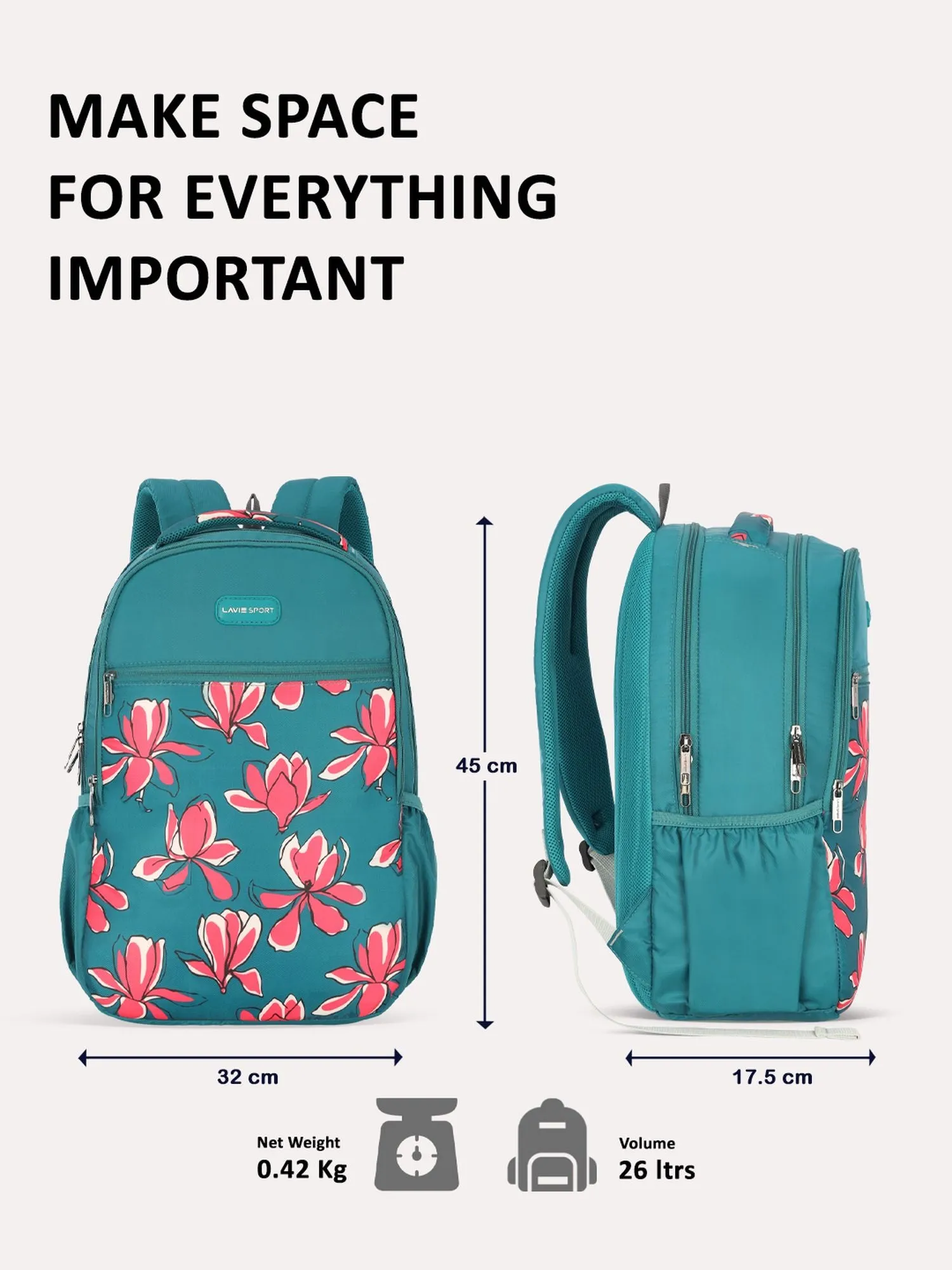 Lavie Sport Bloomy 26L Floral Printed School Backpack for Girls Teal