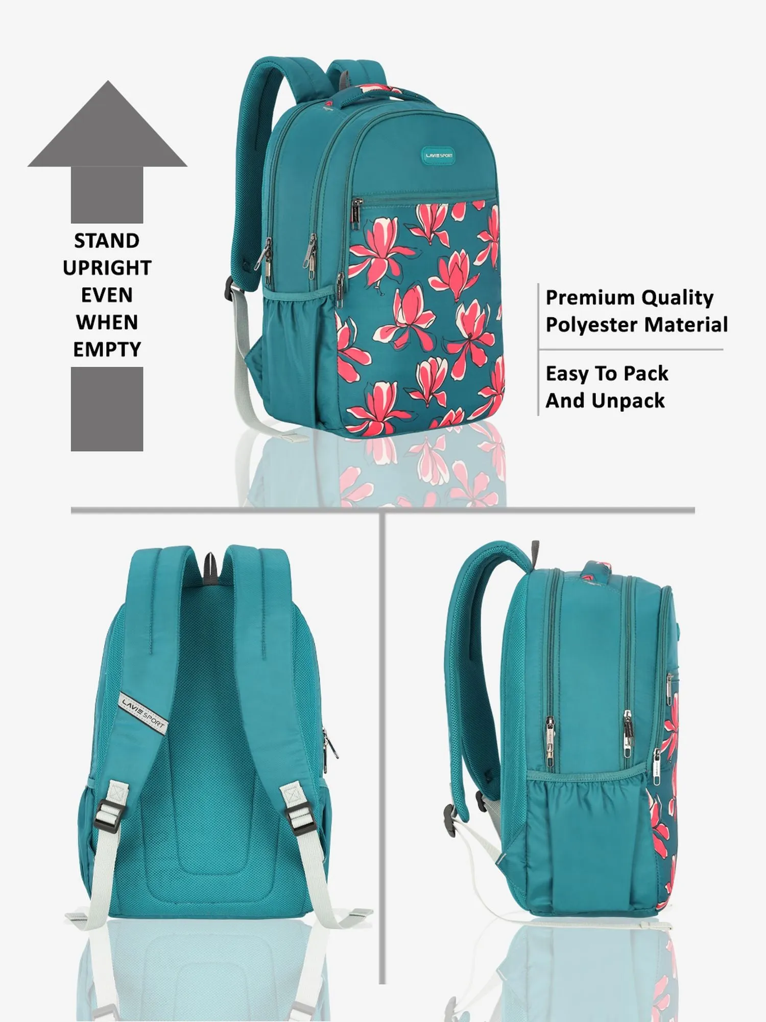 Lavie Sport Bloomy 26L Floral Printed School Backpack for Girls Teal