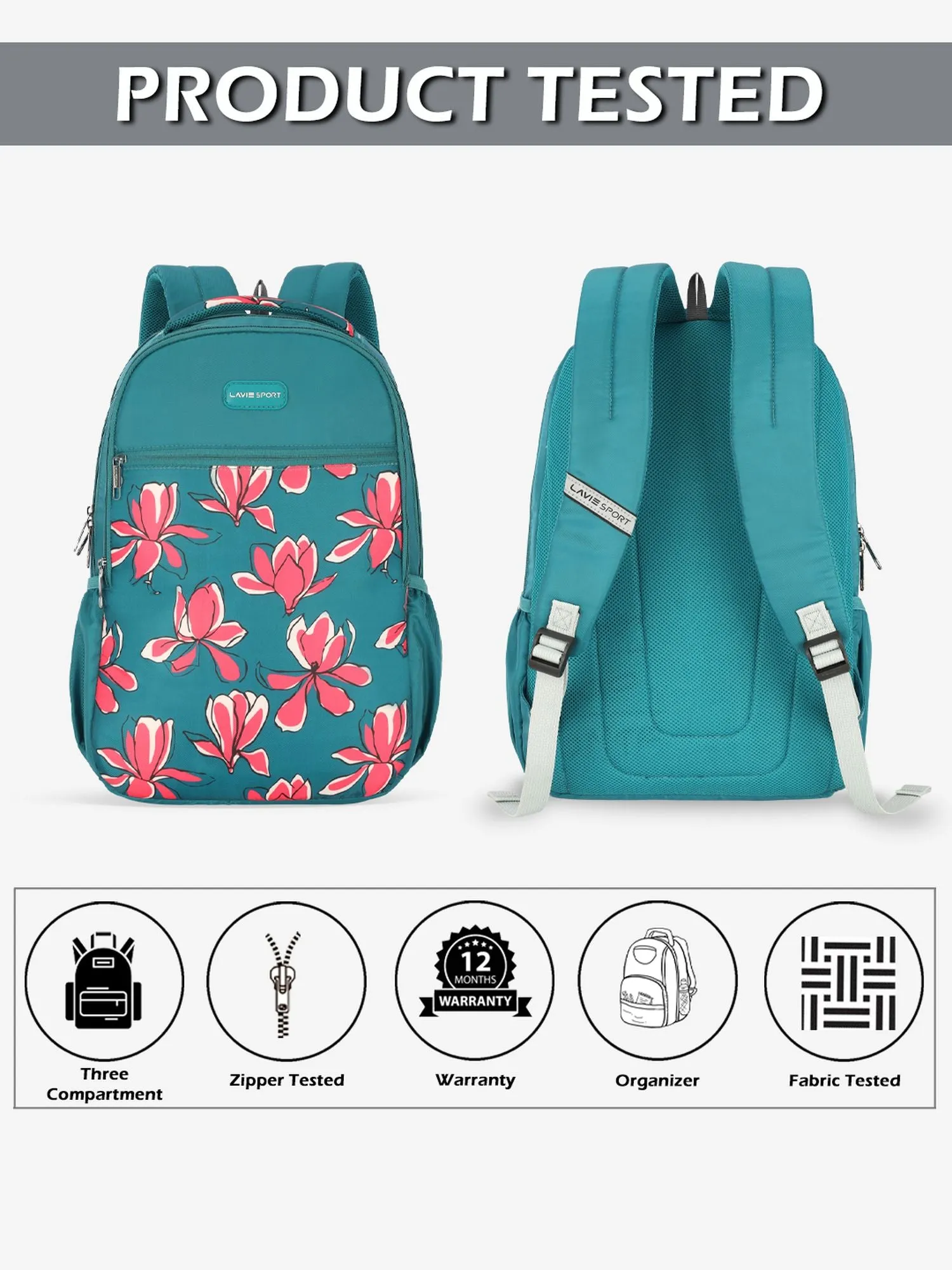 Lavie Sport Bloomy 26L Floral Printed School Backpack for Girls Teal