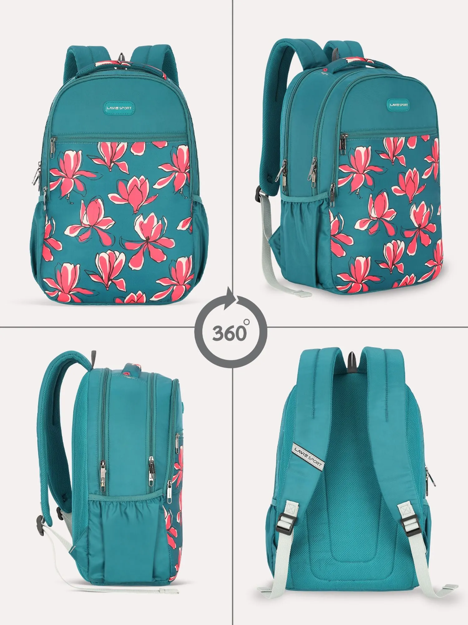 Lavie Sport Bloomy 26L Floral Printed School Backpack for Girls Teal