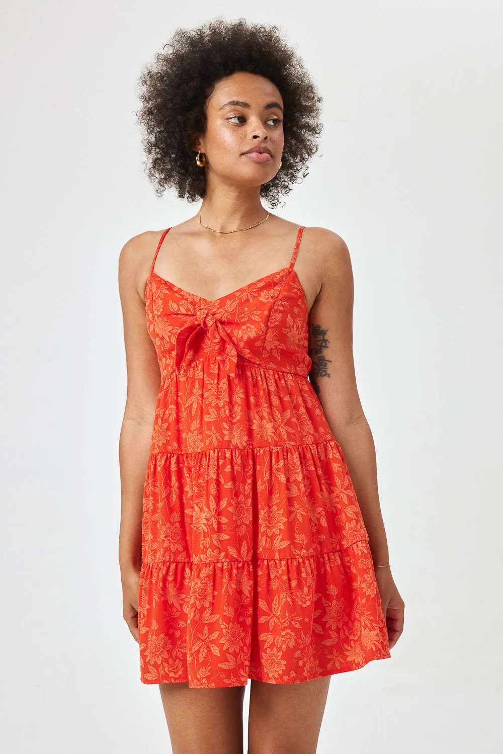 Orange Red Floral Tie Front Dress