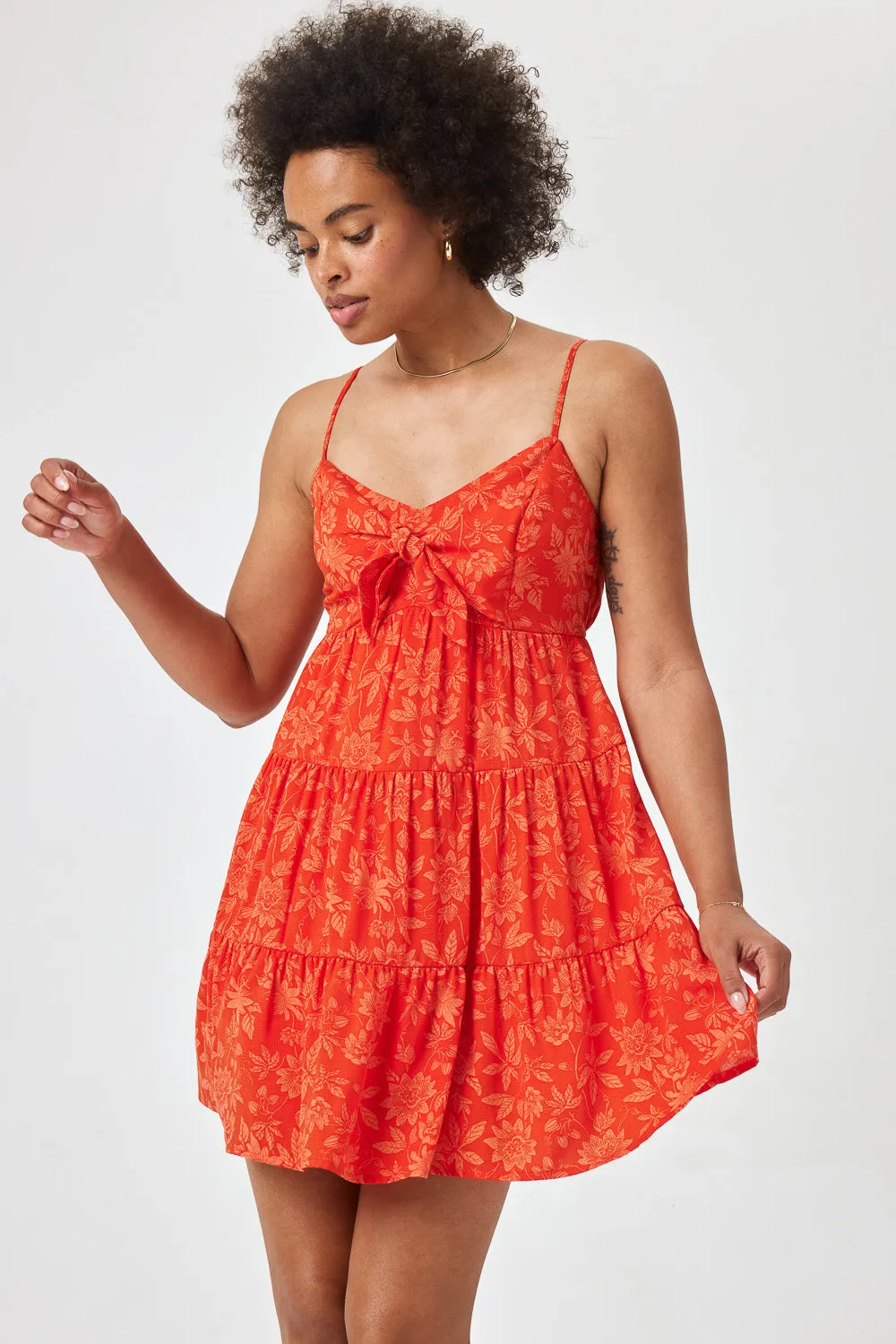 Orange Red Floral Tie Front Dress