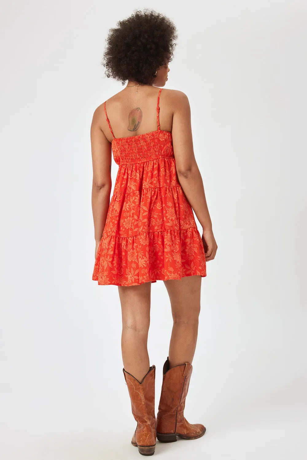 Orange Red Floral Tie Front Dress