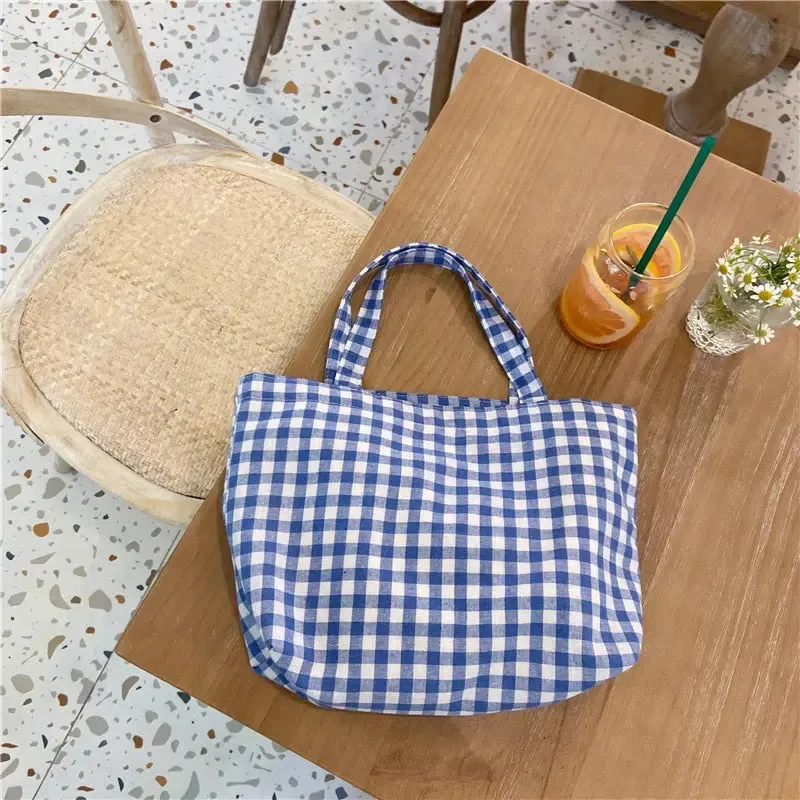 Portable Beach Lunch Bag | Japanese Plaid Cotton | Stylish and Simple Tote for Picnics and Outdoor Fun | Perfect for Women, Kids, and Family Outings