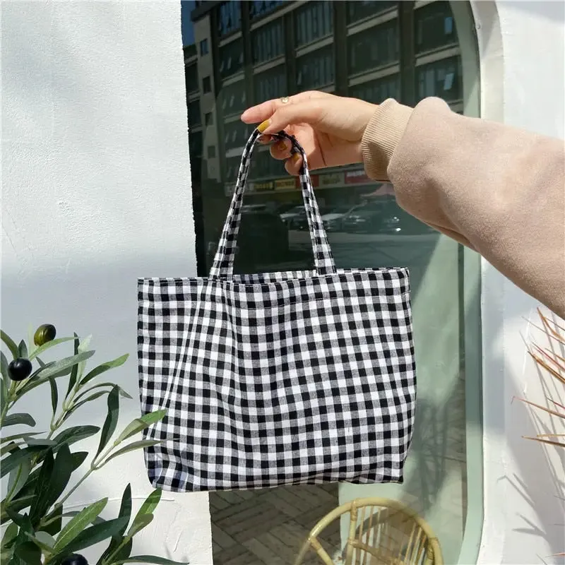 Portable Beach Lunch Bag | Japanese Plaid Cotton | Stylish and Simple Tote for Picnics and Outdoor Fun | Perfect for Women, Kids, and Family Outings