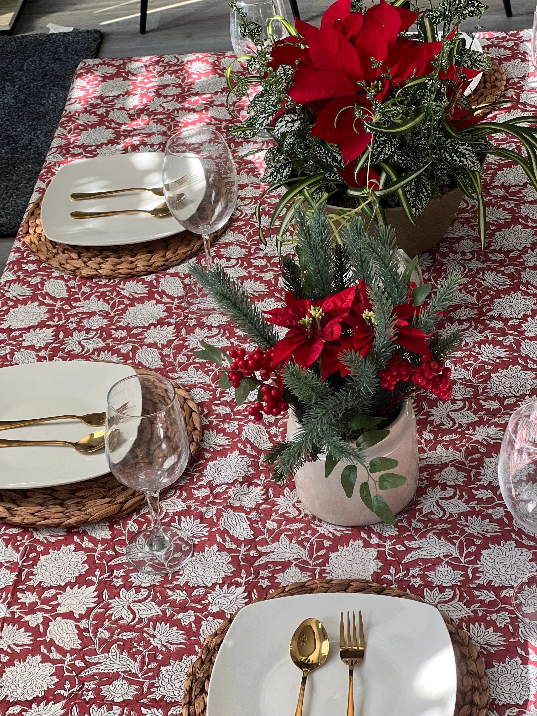 Red floral block print tablecloth, Table Cover, Cotton Table Linen for Wedding, Home Decor, Hostess gift