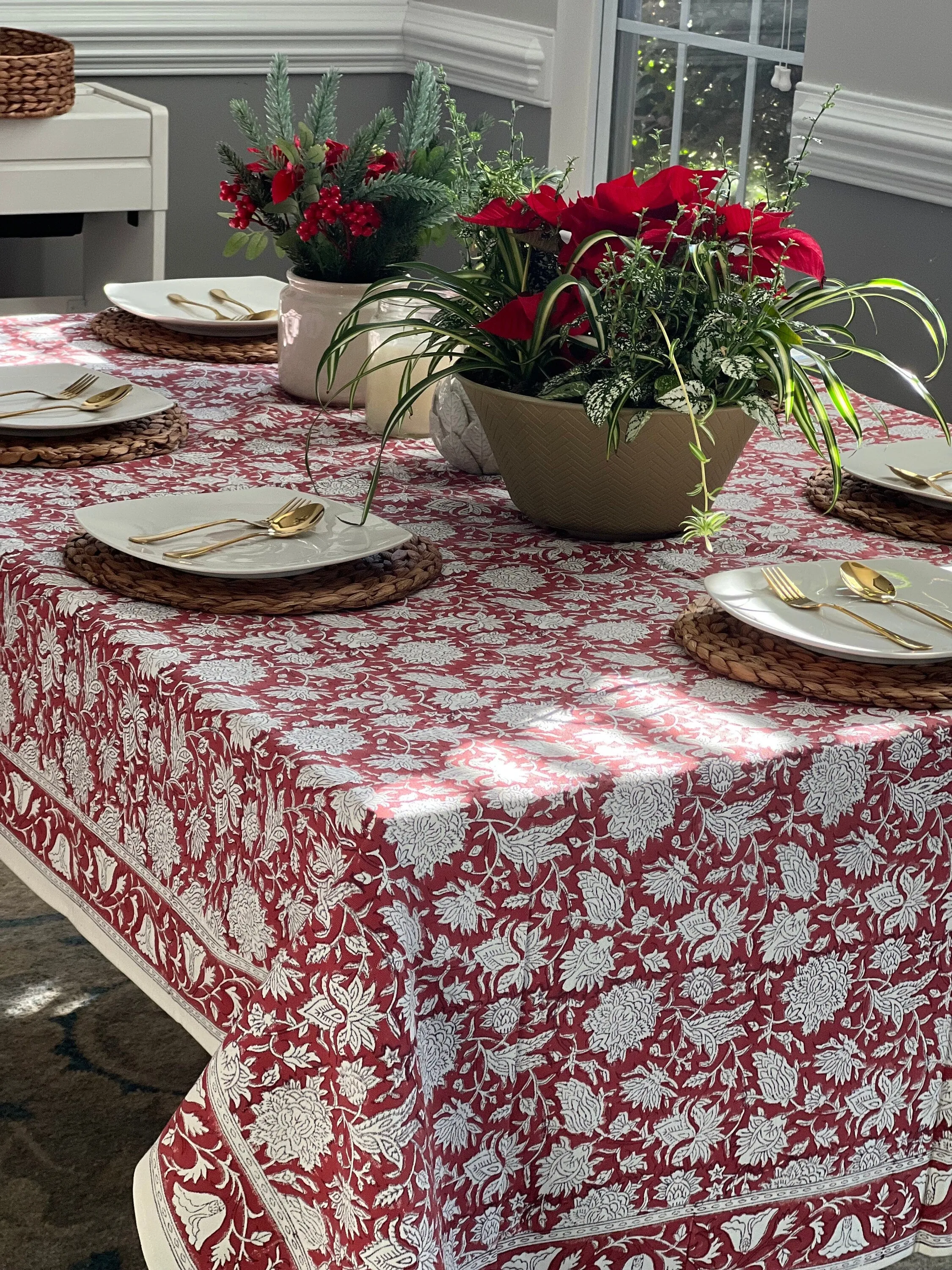 Red floral block print tablecloth, Table Cover, Cotton Table Linen for Wedding, Home Decor, Hostess gift