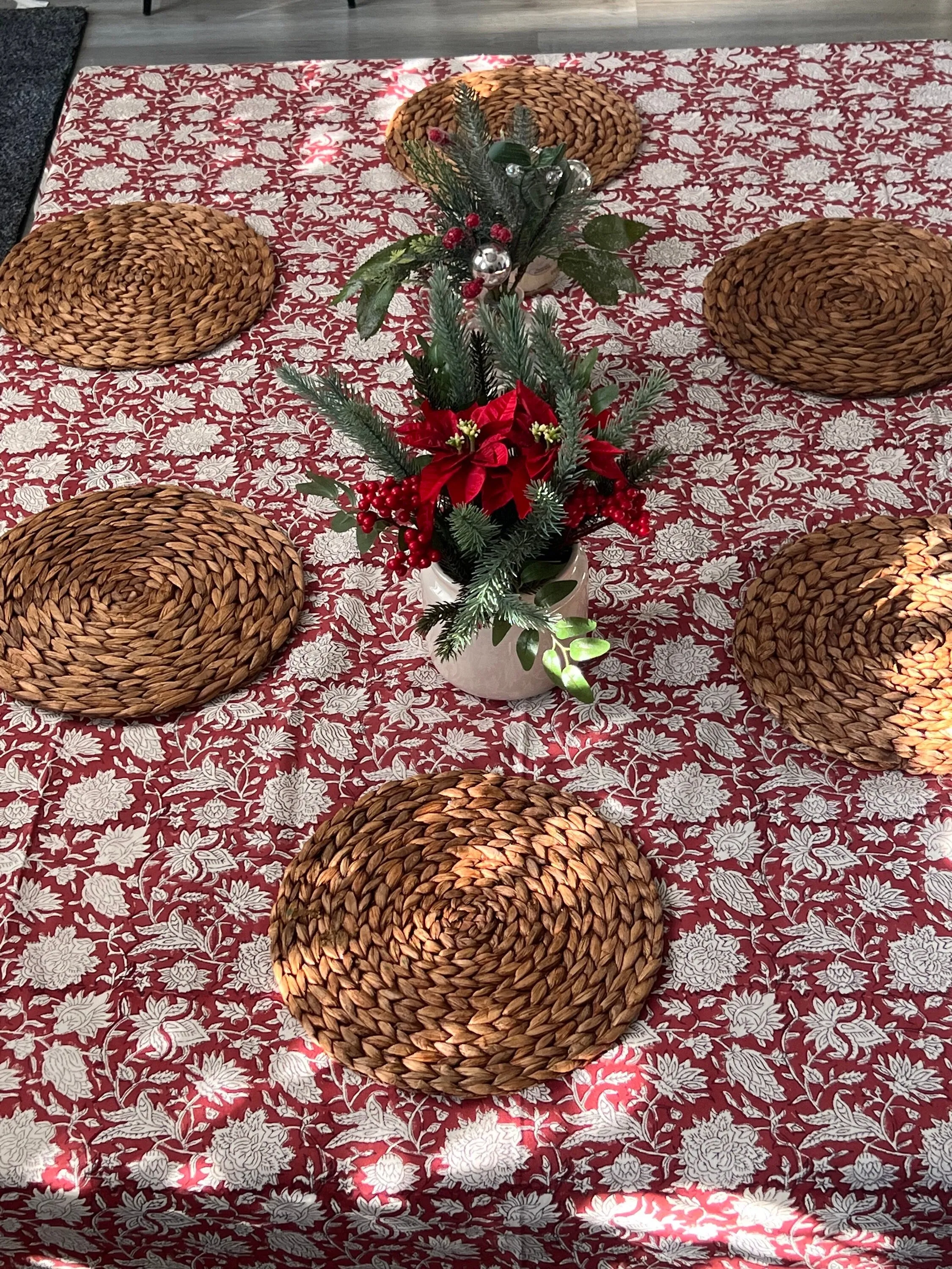 Red floral block print tablecloth, Table Cover, Cotton Table Linen for Wedding, Home Decor, Hostess gift