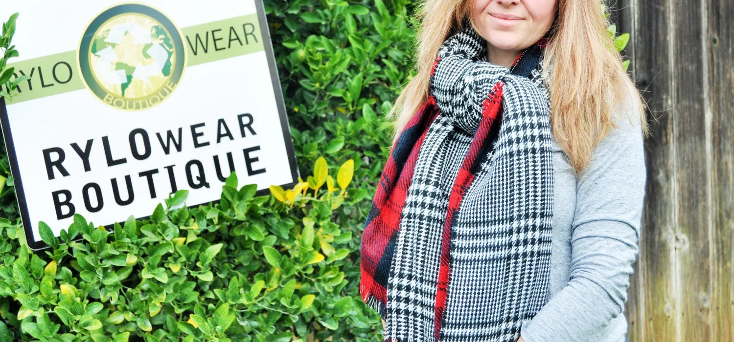 reversible blanket scarf, oversized scarf, red and black, plaid and houndstooth scarf, fashion scarf,  red tartan scarf, double sided scarf