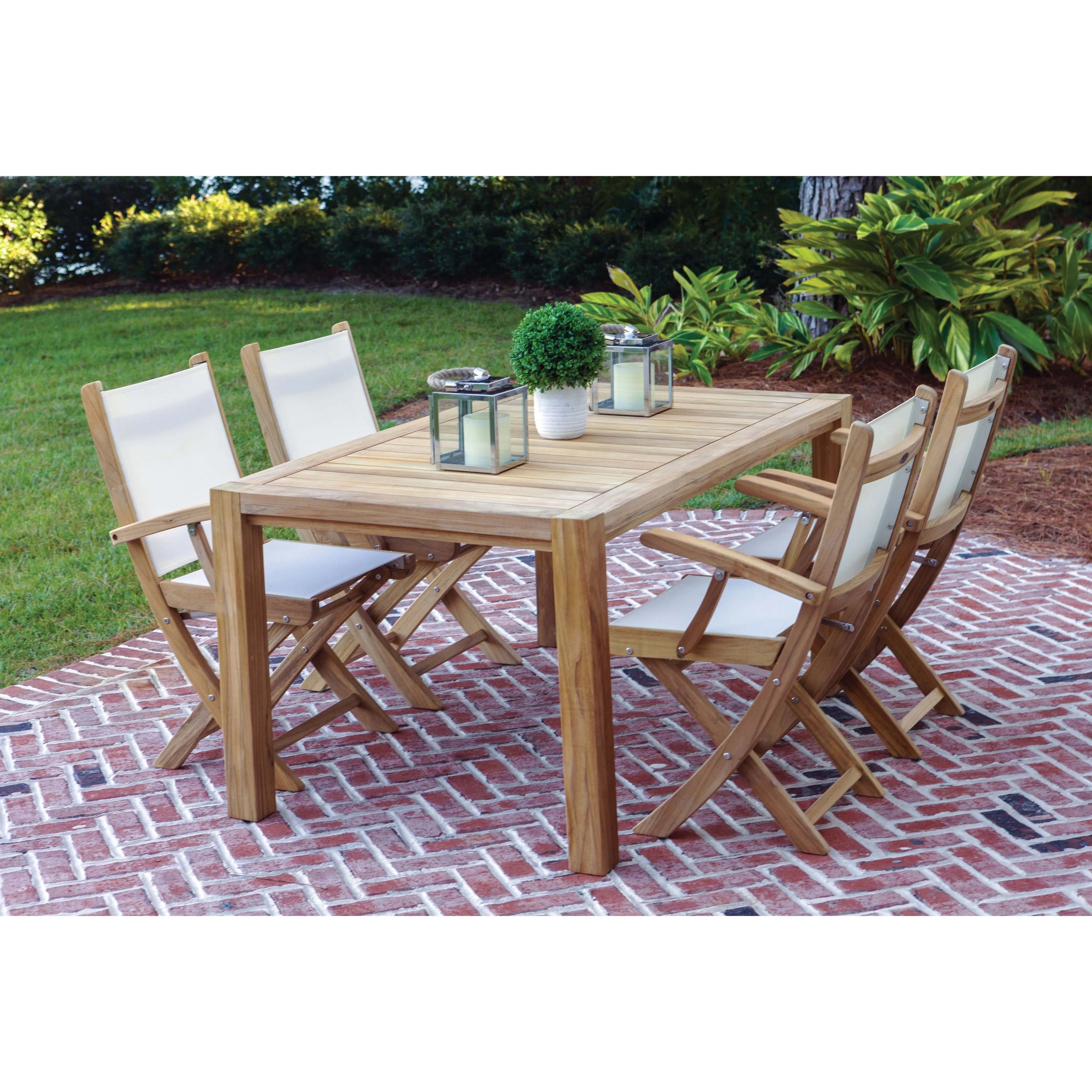 Rinjani Teak 9pc Outdoor Dining Set (Teak 94" Rectangular Table with 8 Teak Yacht Folding Armchairs)