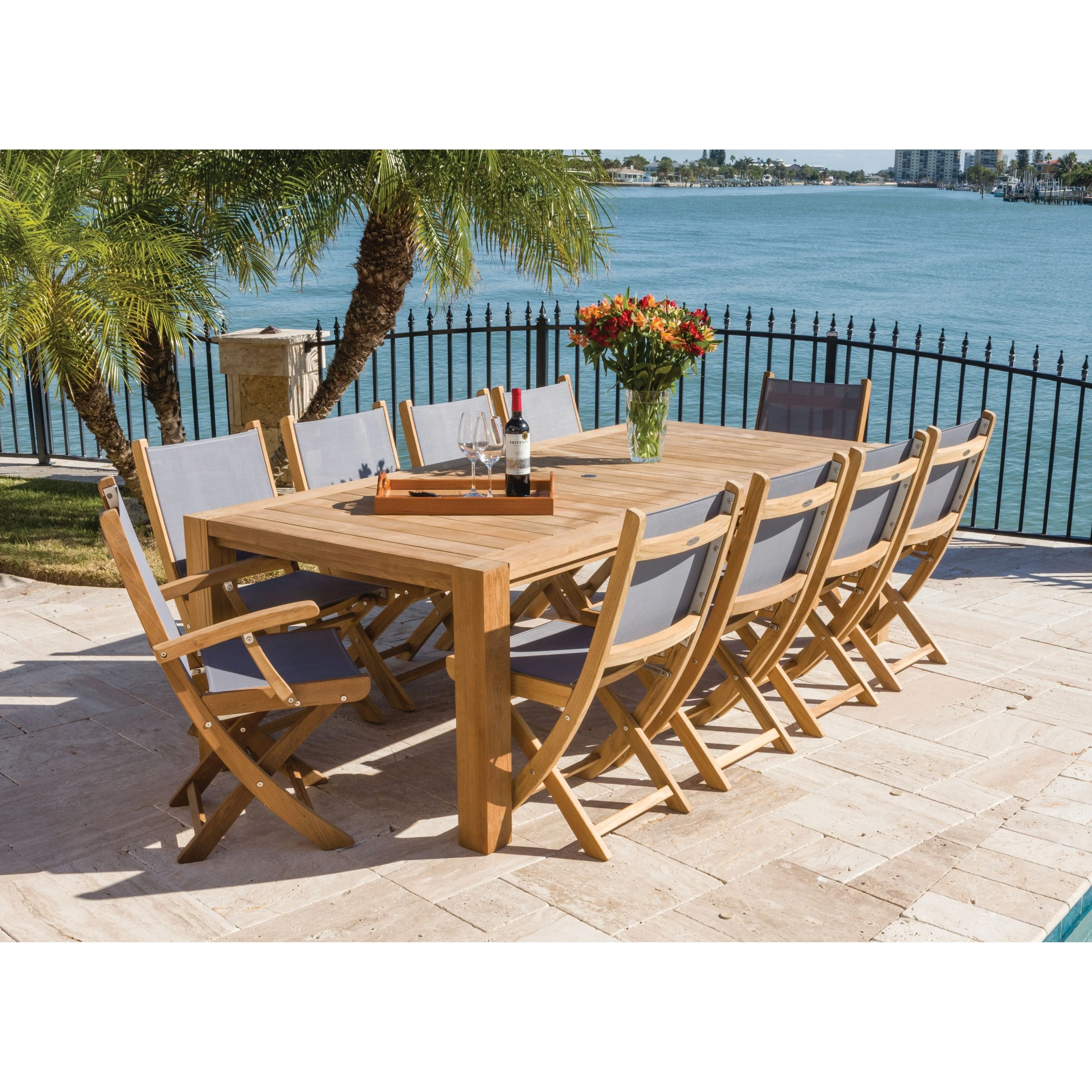 Rinjani Teak 9pc Outdoor Dining Set (Teak 94" Rectangular Table with 8 Teak Yacht Folding Armchairs)