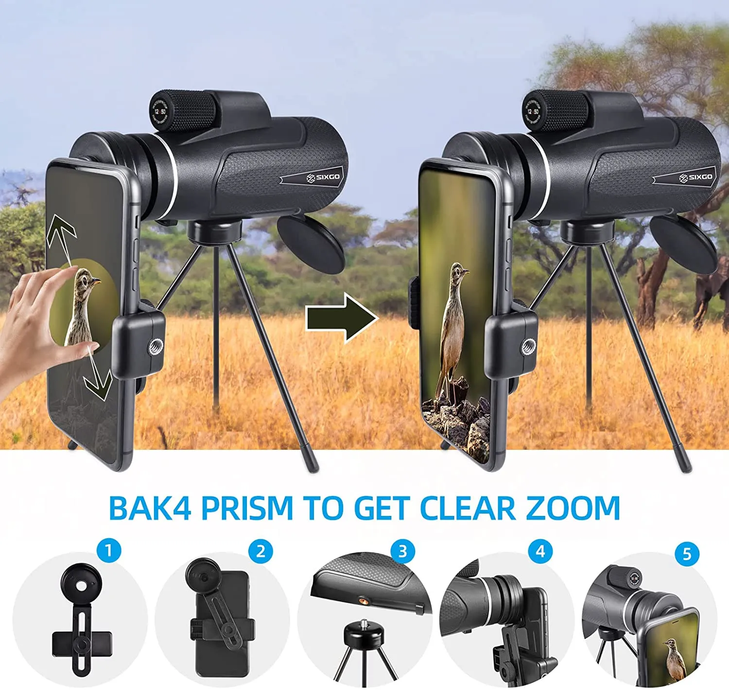 SIXGO Monocular Telescope for Adults 12 X 50 HD Monoculars Scope Phone with Portable Tripod Mount FMC BAK4 Waterproof for Hunting Hiking Concert Birdwatching Travel Climbing Sightseeing