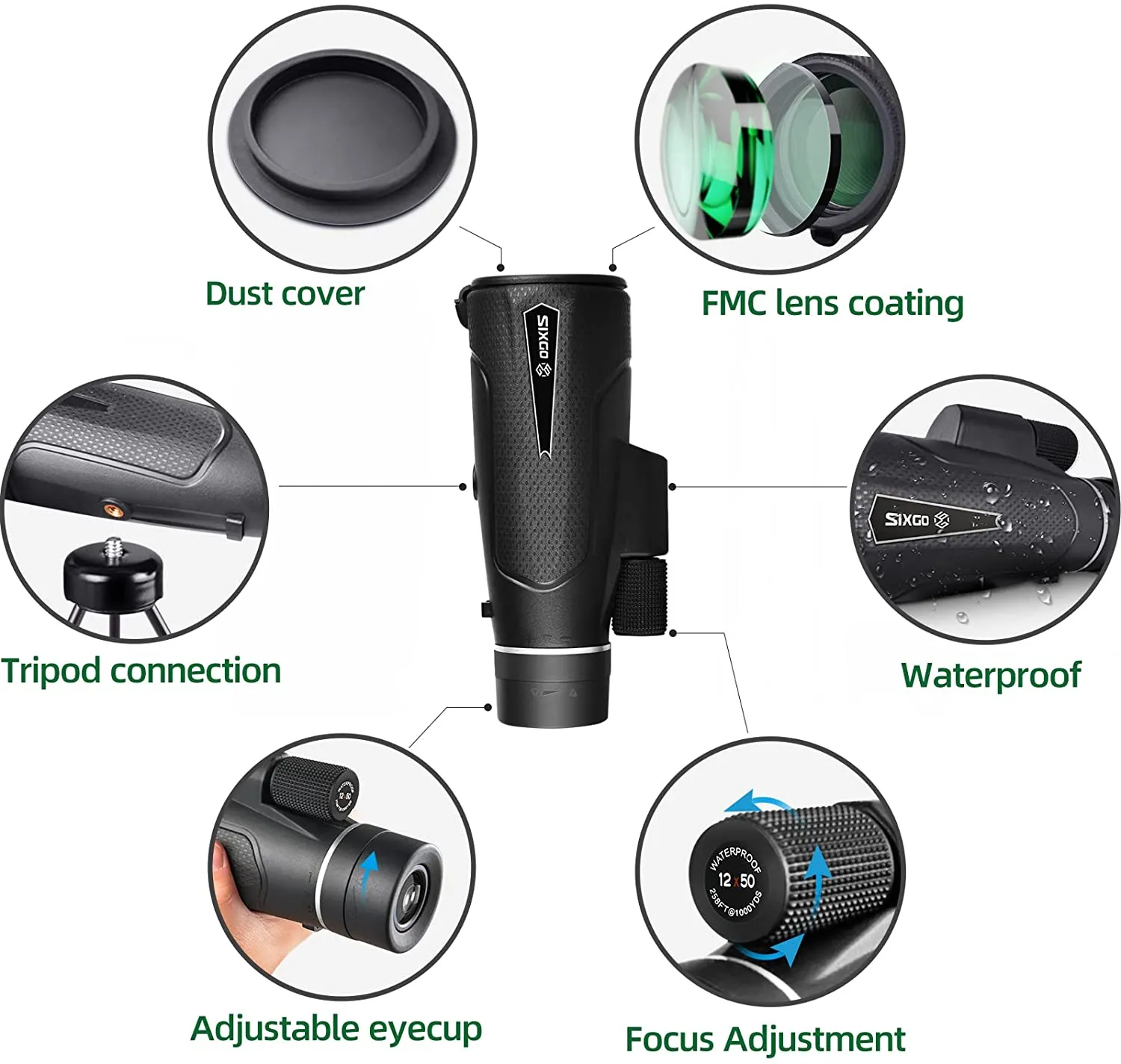 SIXGO Monocular Telescope for Adults 12 X 50 HD Monoculars Scope Phone with Portable Tripod Mount FMC BAK4 Waterproof for Hunting Hiking Concert Birdwatching Travel Climbing Sightseeing