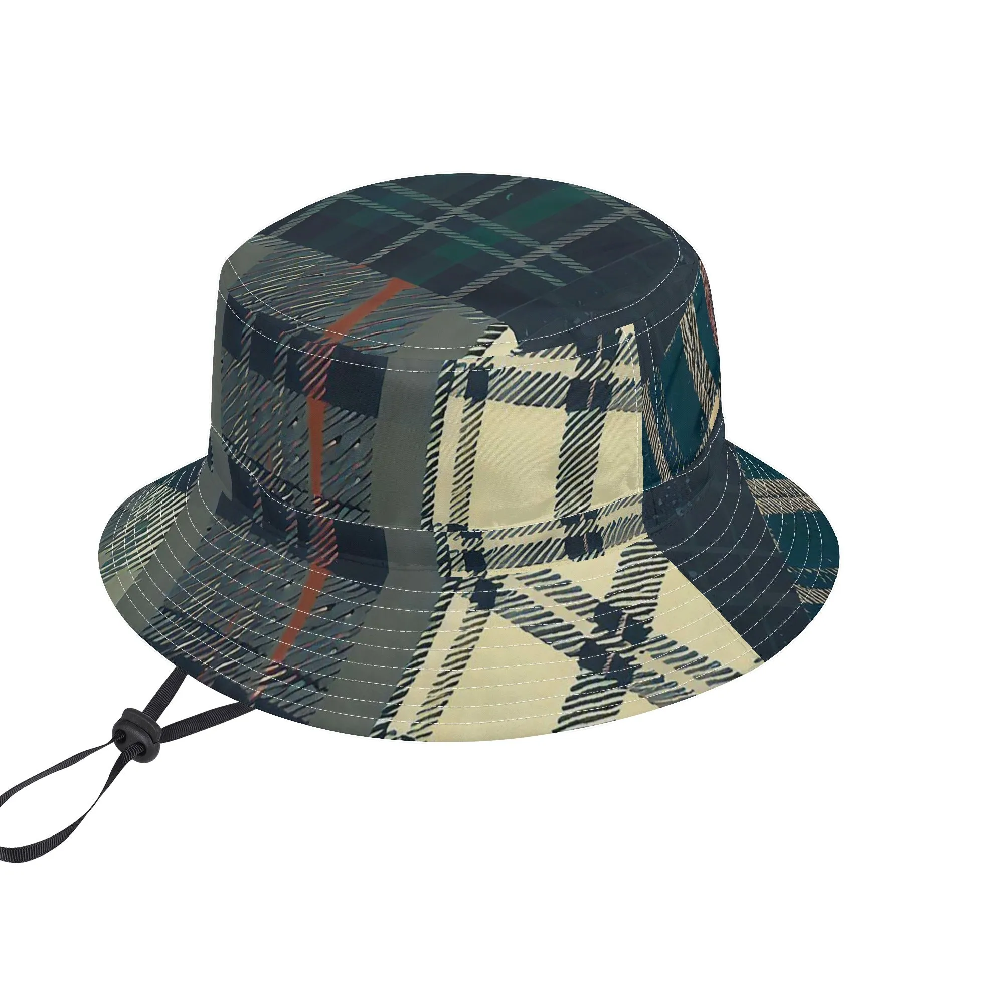 Vampire Art Grunge Unisex Bucket Fisherman's Hat - Green and Beige Tartan Patchwork with Adjustable String