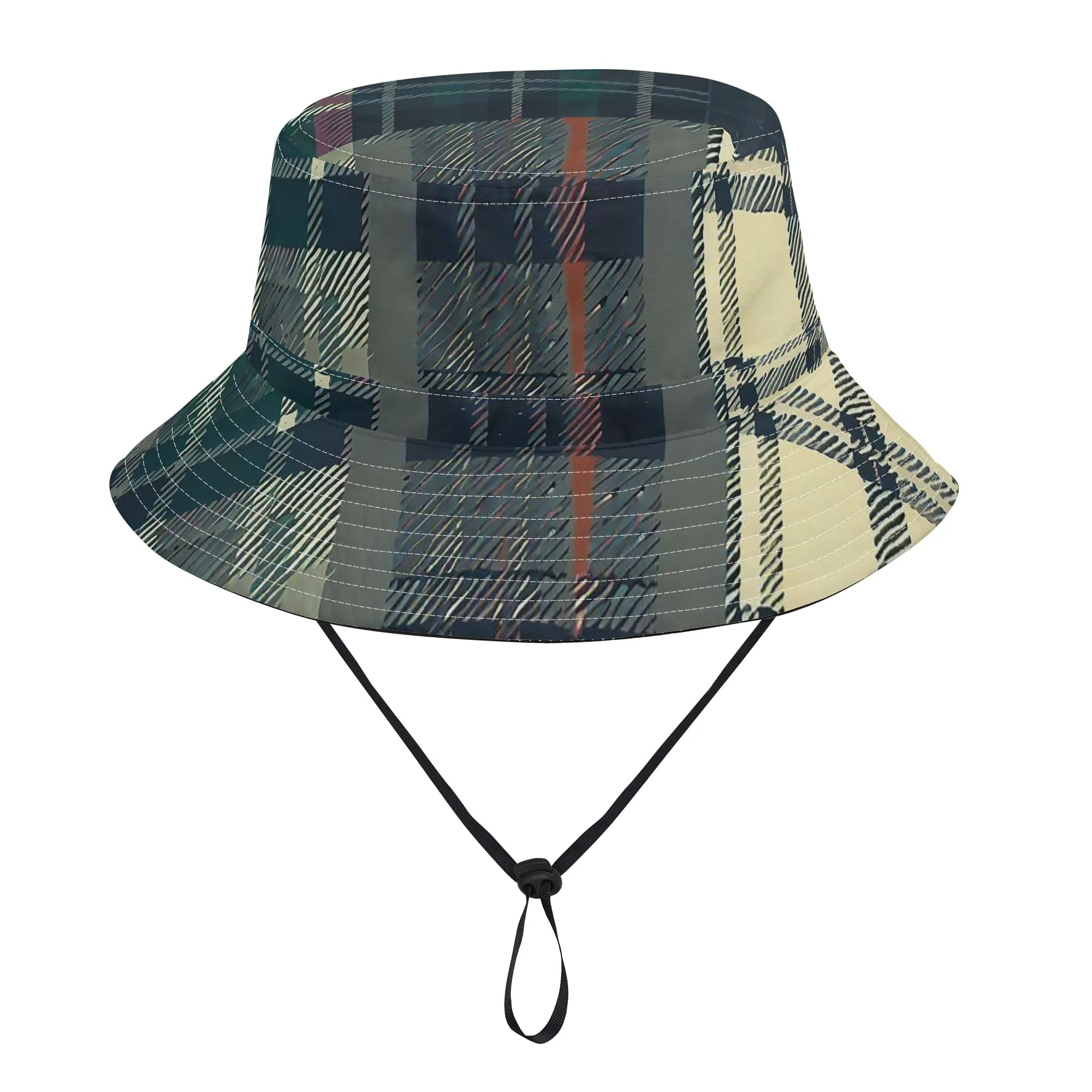 Vampire Art Grunge Unisex Bucket Fisherman's Hat - Green and Beige Tartan Patchwork with Adjustable String