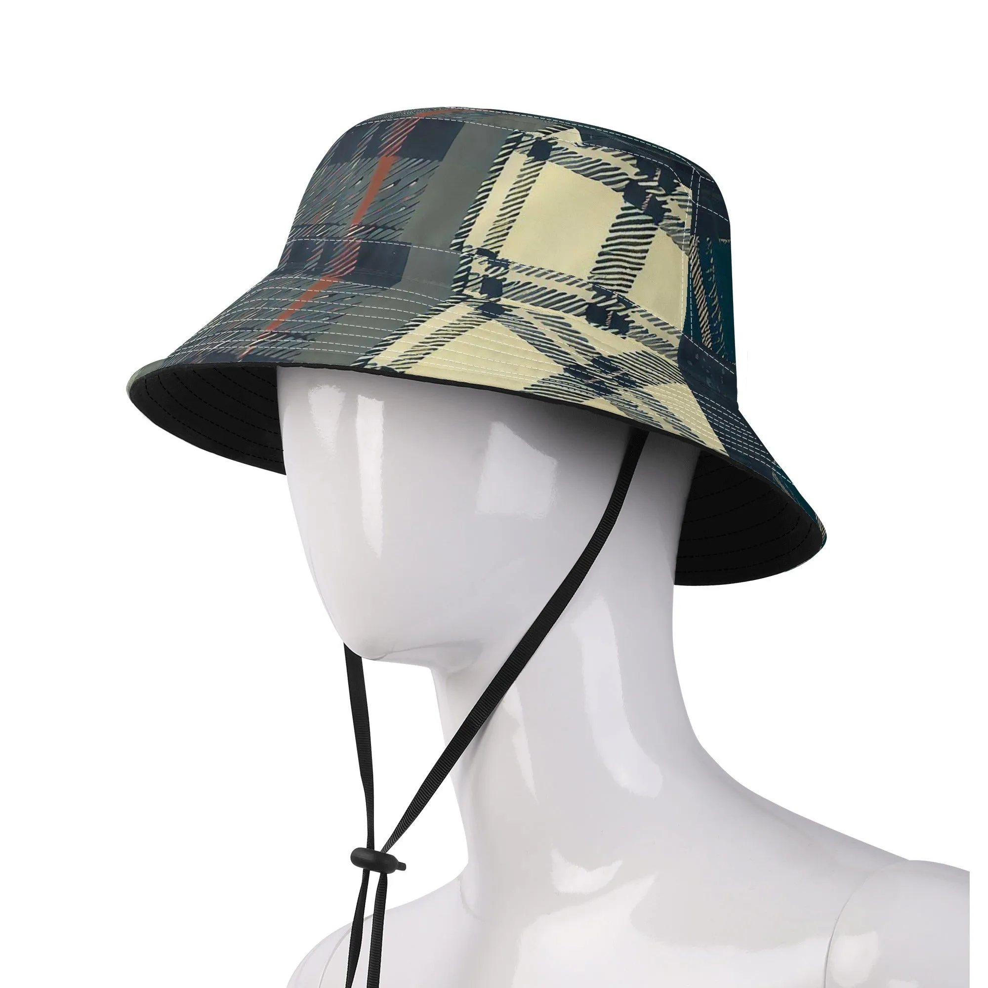 Vampire Art Grunge Unisex Bucket Fisherman's Hat - Green and Beige Tartan Patchwork with Adjustable String