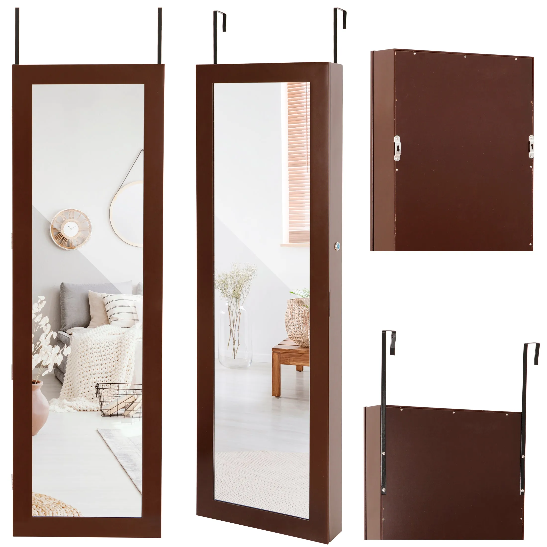 ZENY™ Jewelry Armoire Lockable Wall/Door Mounted Jewelry Organizer with Mirror and Drawers, Brown