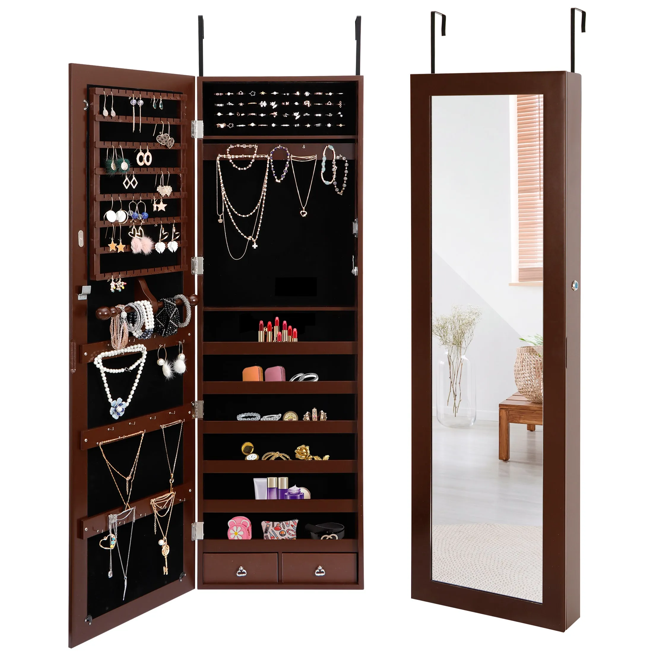 ZENY™ Jewelry Armoire Lockable Wall/Door Mounted Jewelry Organizer with Mirror and Drawers, Brown