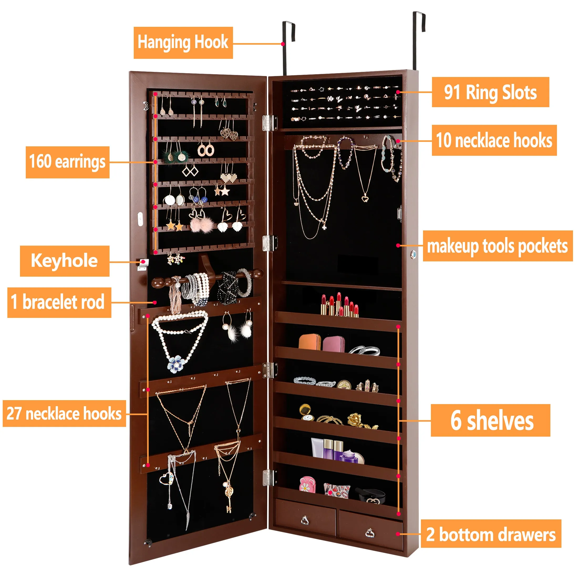 ZENY™ Jewelry Armoire Lockable Wall/Door Mounted Jewelry Organizer with Mirror and Drawers, Brown